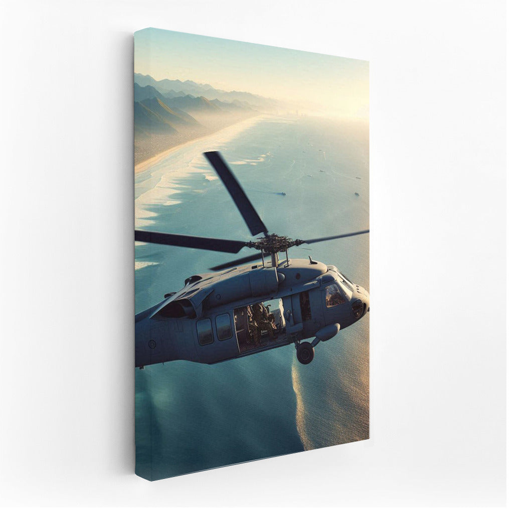 Vortex of Blades: Reconnaissance Helicopter Over the Ocean Coast