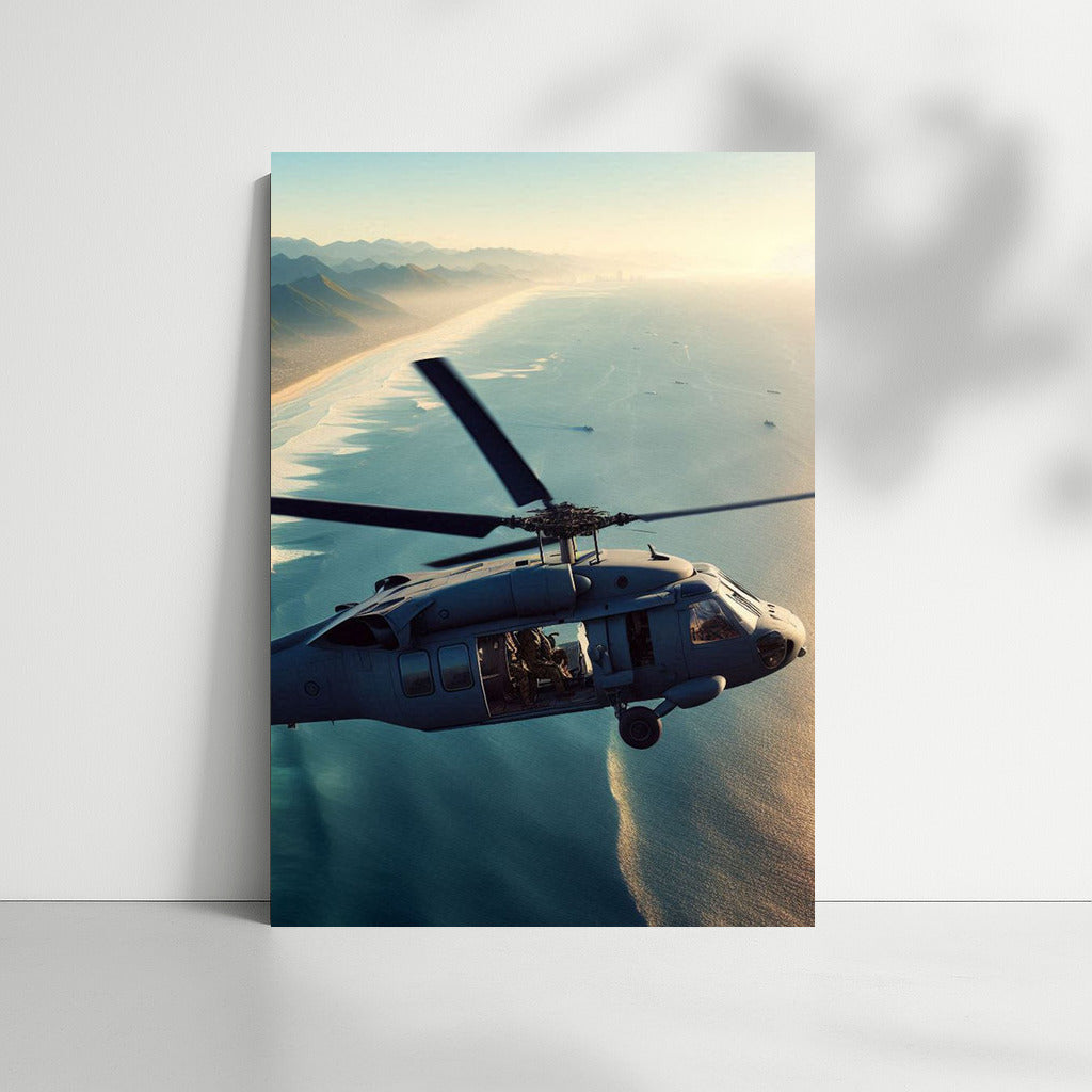 Vortex of Blades: Reconnaissance Helicopter Over the Ocean Coast