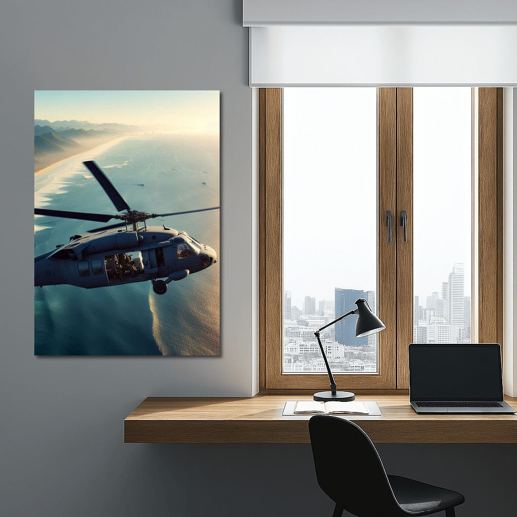 Vortex of Blades: Reconnaissance Helicopter Over the Ocean Coast