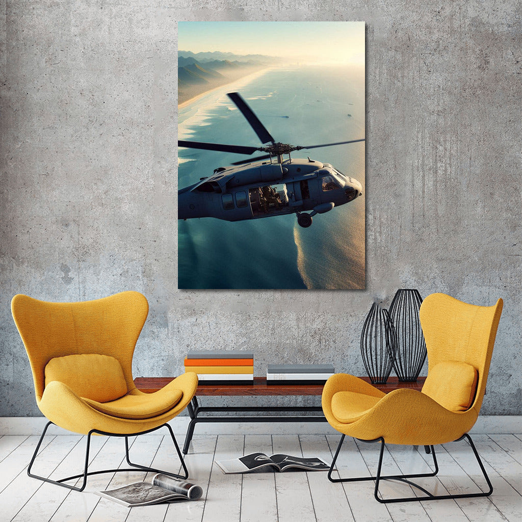 Vortex of Blades: Reconnaissance Helicopter Over the Ocean Coast