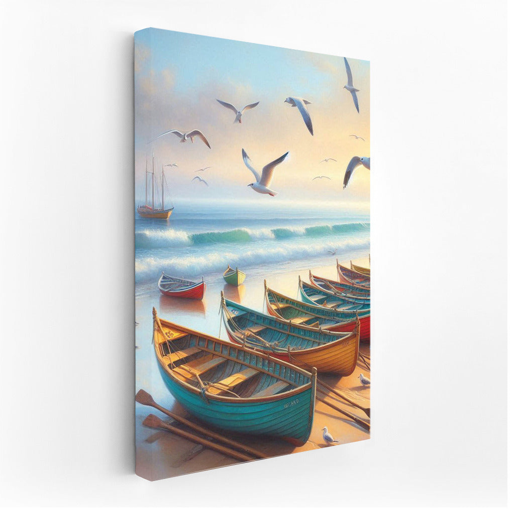 Bright Boats and Flight of Seagulls by the Sea: Rowboats Sea 2