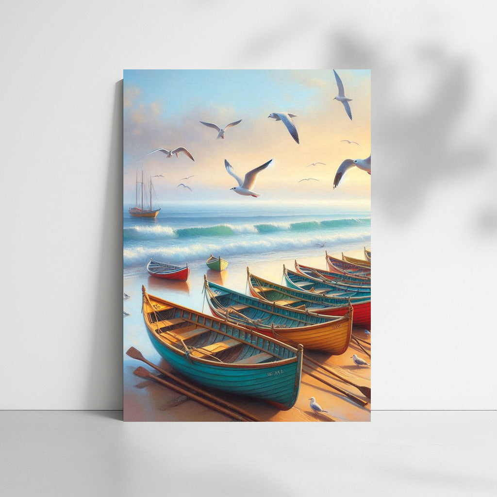 Bright Boats and Flight of Seagulls by the Sea: Rowboats Sea 2