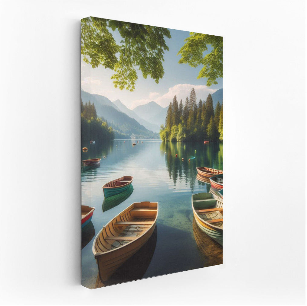 Fun Boats on Summer Lake with Mountains