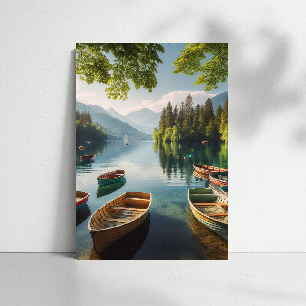 Fun Boats on Summer Lake with Mountains