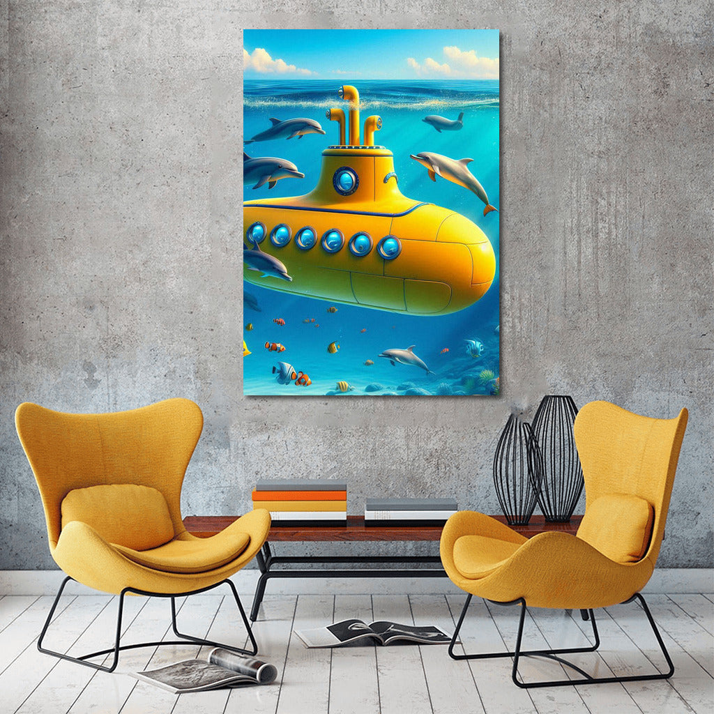 Bright Submarine and Dolphins: Ocean Magic