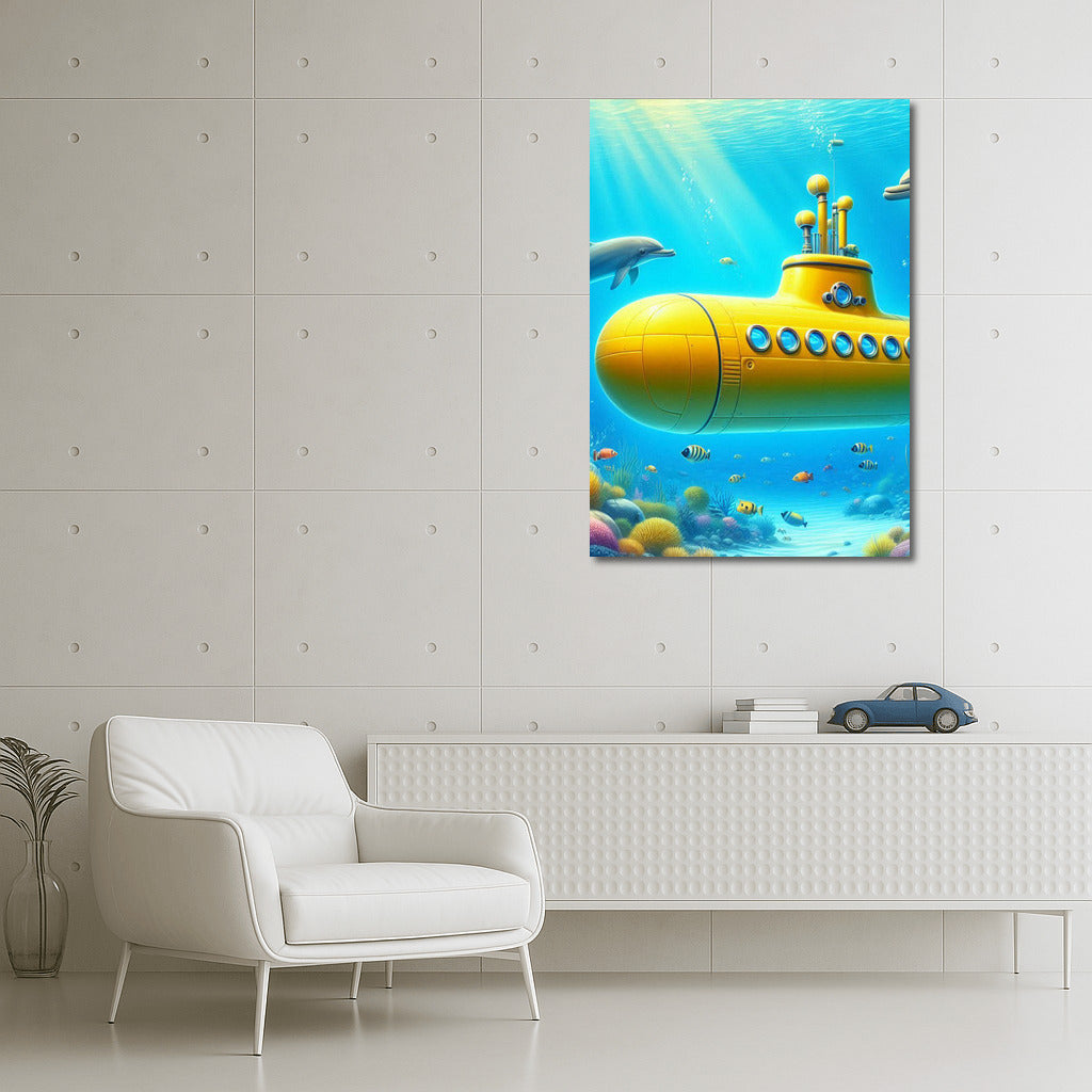 Yellow Submarine and Playful Dolphins in the Underwater World