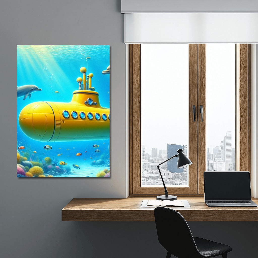 Yellow Submarine and Playful Dolphins in the Underwater World