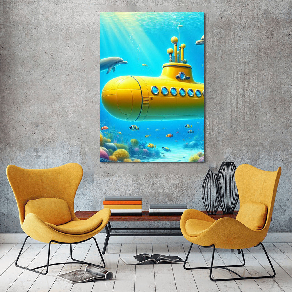 Yellow Submarine and Playful Dolphins in the Underwater World