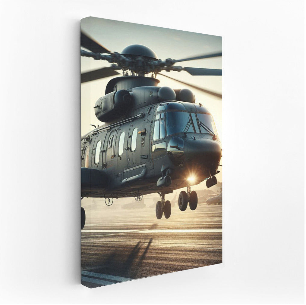 Sunset Takeoff: Transport Helicopter in Flight