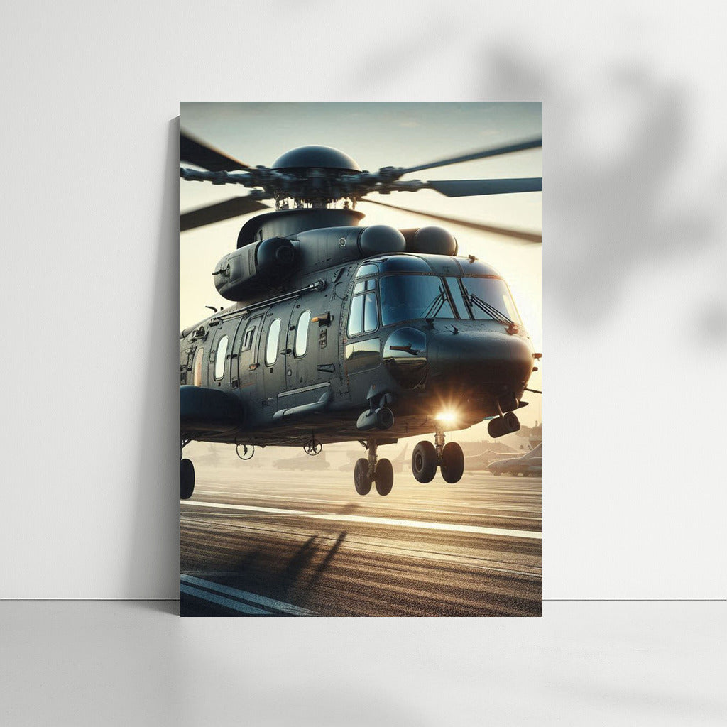 Sunset Takeoff: Transport Helicopter in Flight