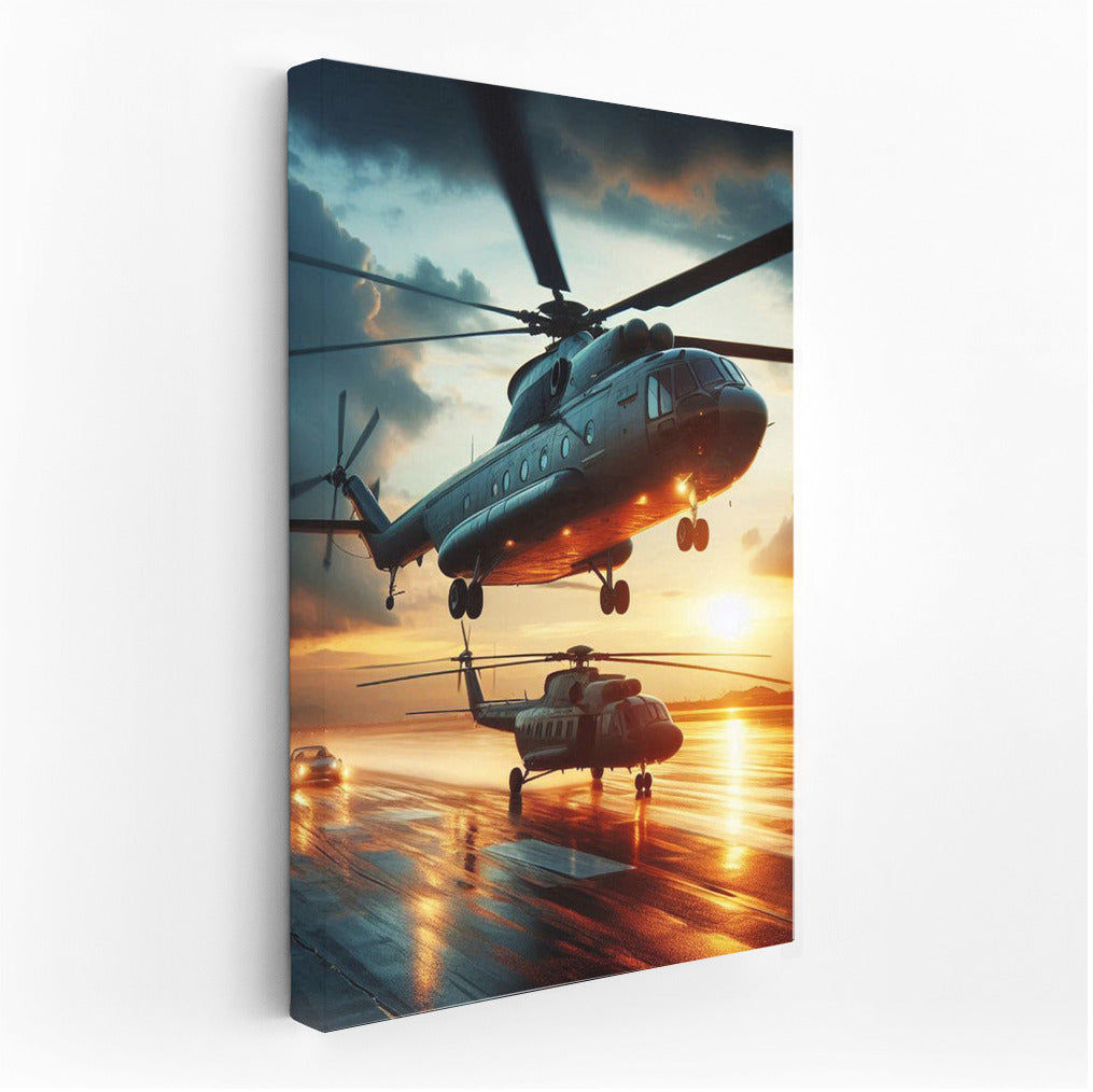Transport Helicopters on the Runway at Sunset