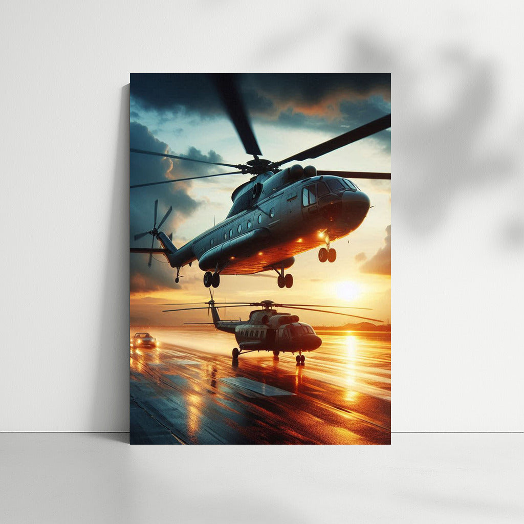 Transport Helicopters on the Runway at Sunset