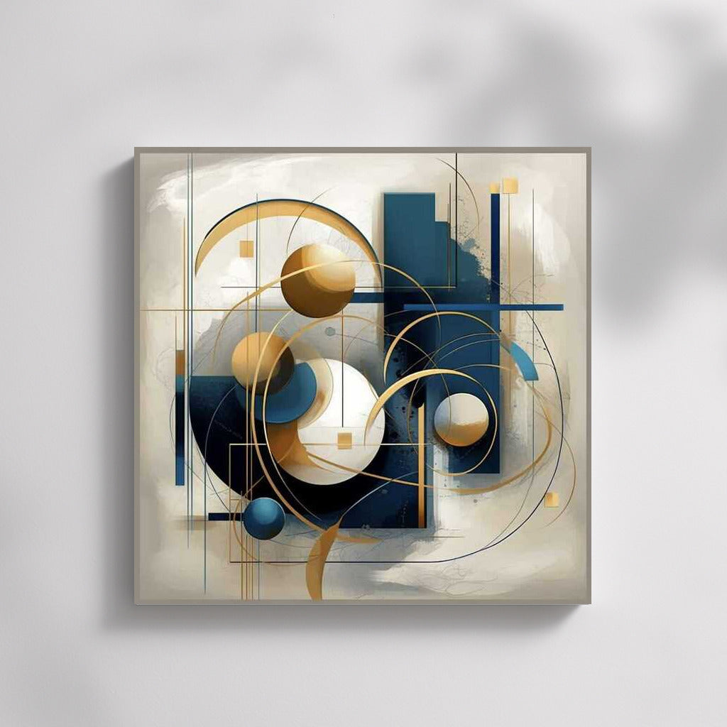 Geometry Harmony: Blue, White and Gold Abstract