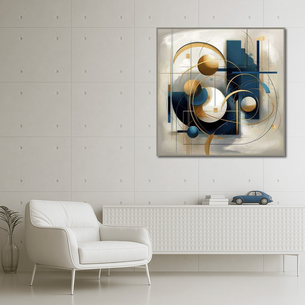 Geometry Harmony: Blue, White and Gold Abstract