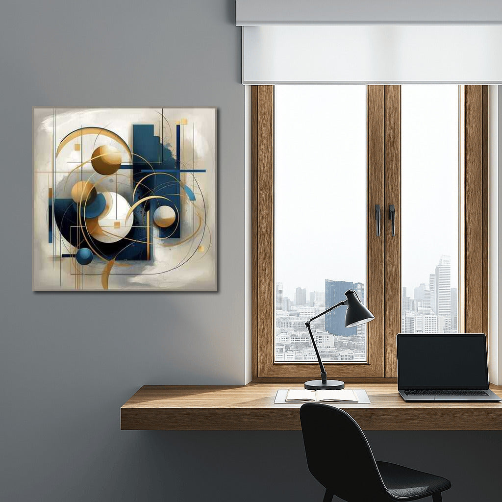 Geometry Harmony: Blue, White and Gold Abstract