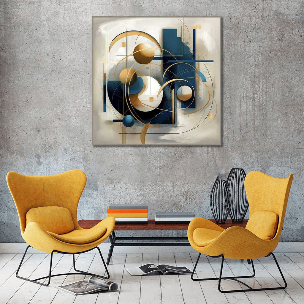 Geometry Harmony: Blue, White and Gold Abstract