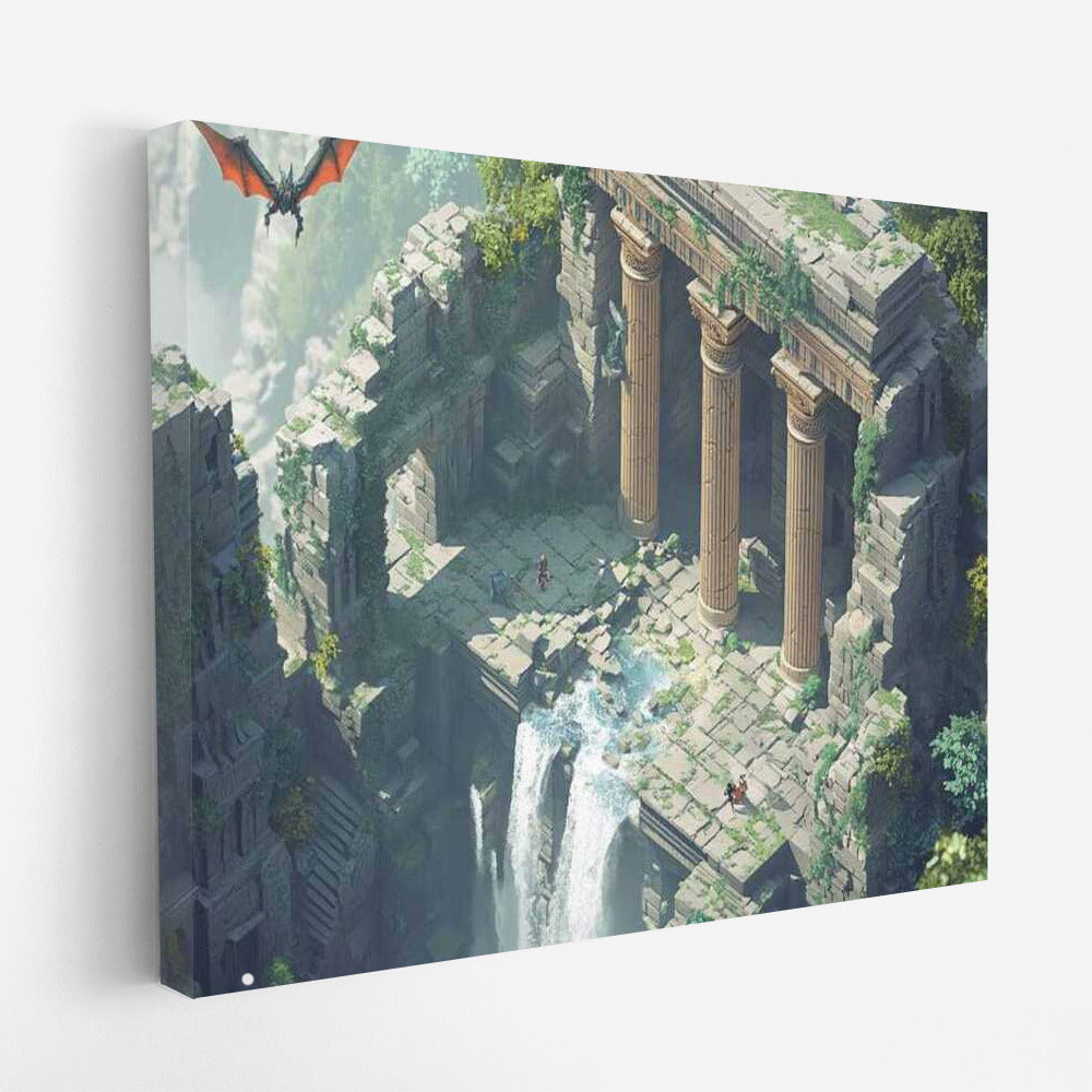 Dragon Skies: An Isometric View of Ancient Ruins in a Fantasy World