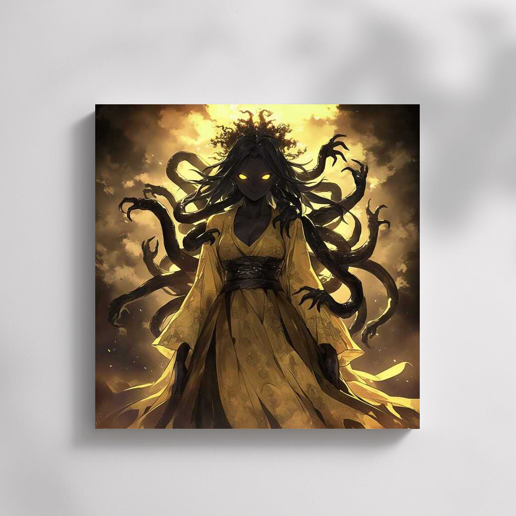 Embodiment of Horror: A Dark Figure with Glowing Eyes and Tentacles