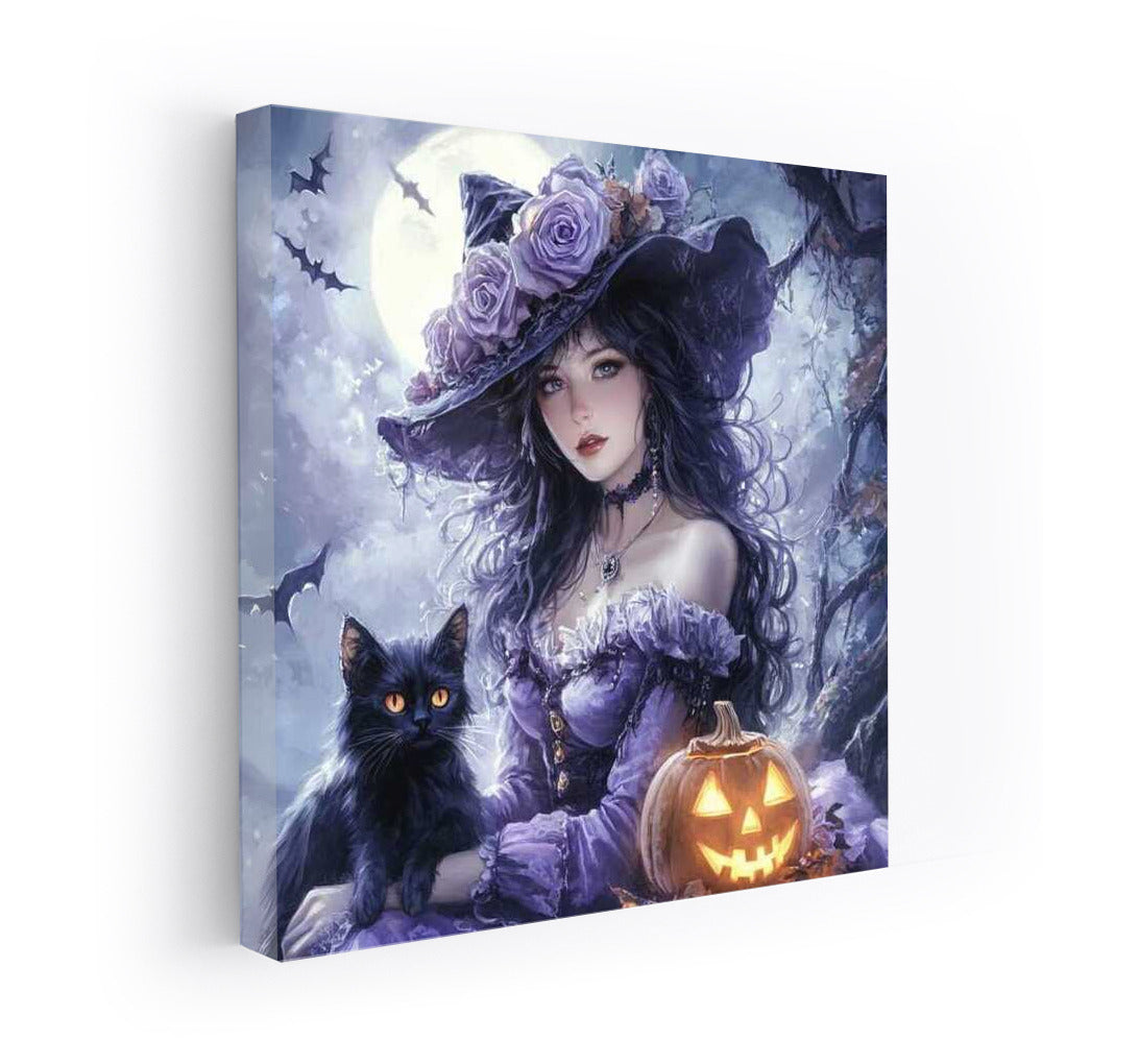 Moonlight Gothic Fantasy: Mysterious Figure with Cat and Glowing Pumpkin