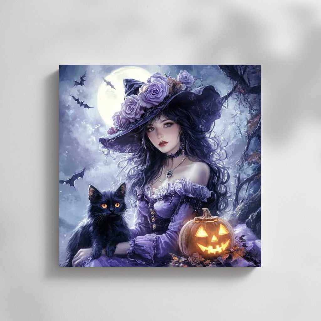 Moonlight Gothic Fantasy: Mysterious Figure with Cat and Glowing Pumpkin