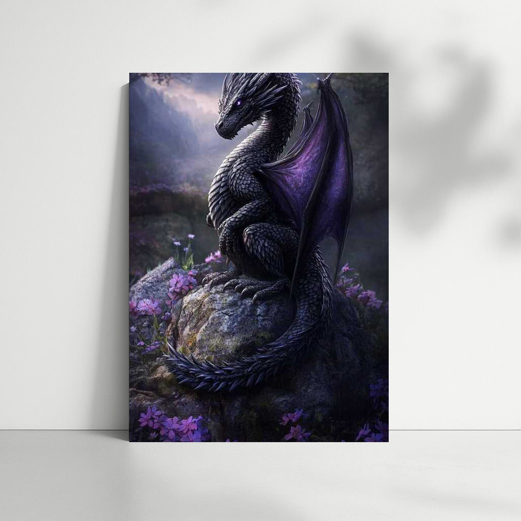 Fantasy: Dragon on a Rock Among Flowers