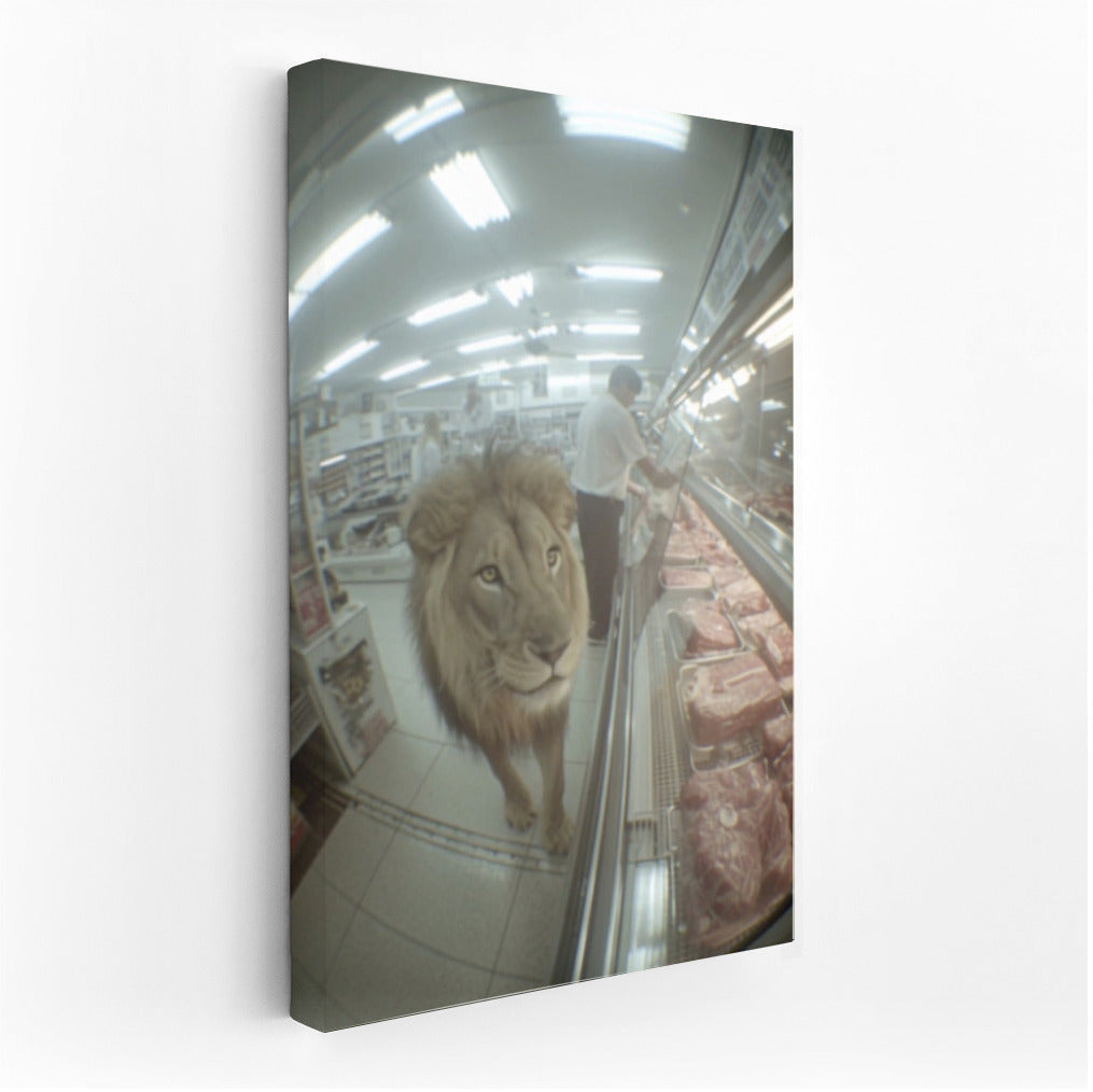 Lion in the supermarket: The king of beasts enjoys a steak