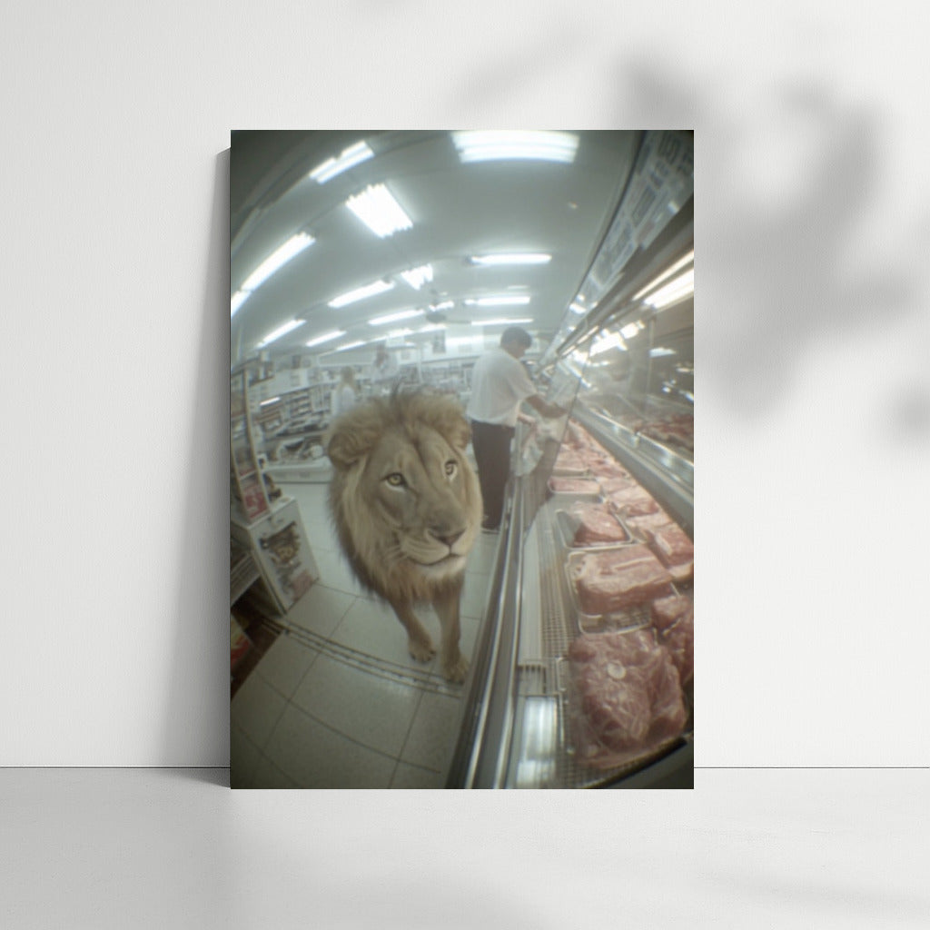 Lion in the supermarket: The king of beasts enjoys a steak