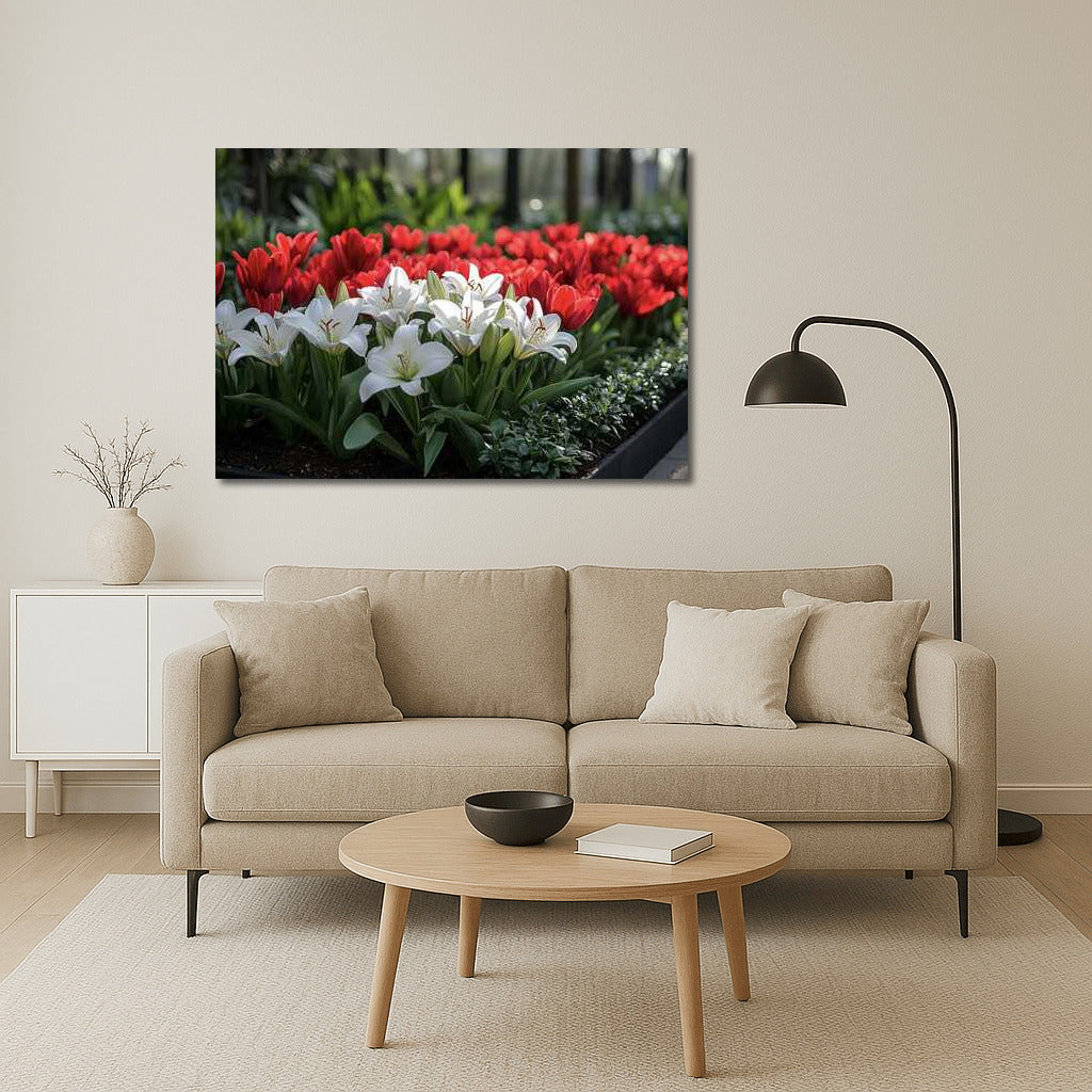 Flower Symphony: Red Tulips and White Lilies on Your Wall