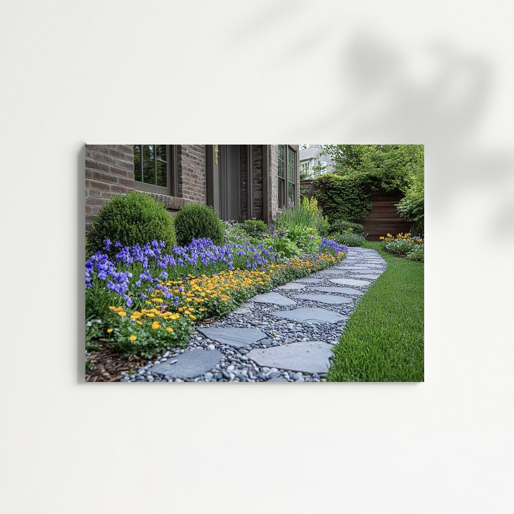 Stone Path among Irises and Calendulas: Flower Symphony