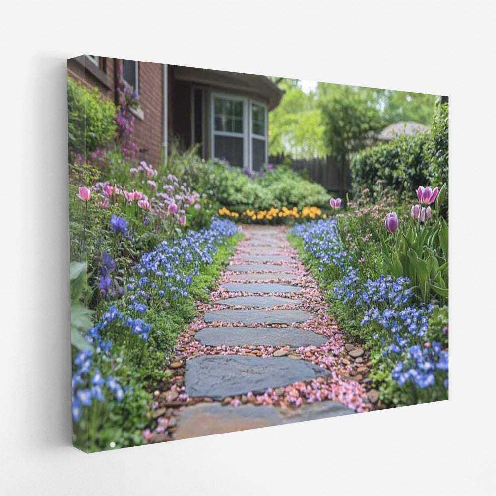 Flower Symphony: Tulips and Forget-me-nots along the Stone Path