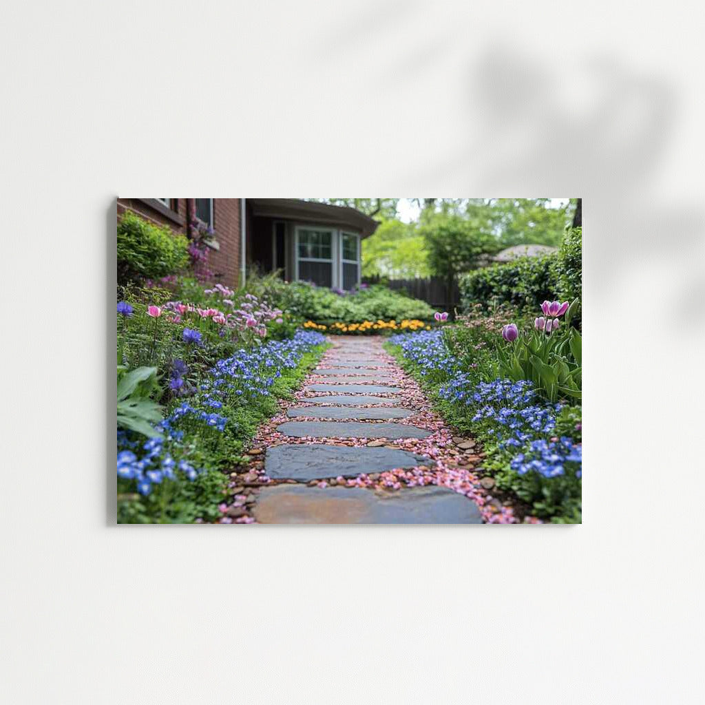 Flower Symphony: Tulips and Forget-me-nots along the Stone Path