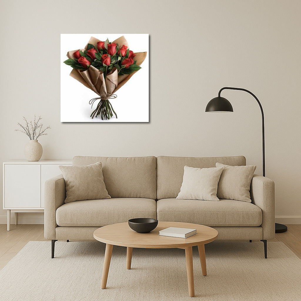 Bouquet of scarlet roses of the Grand Prix variety in elegant packaging