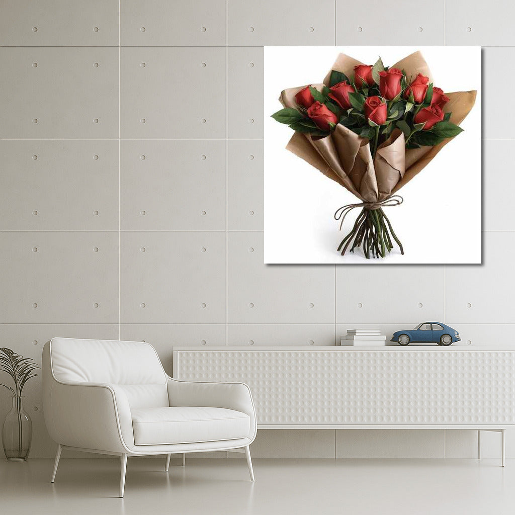 Bouquet of scarlet roses of the Grand Prix variety in elegant packaging
