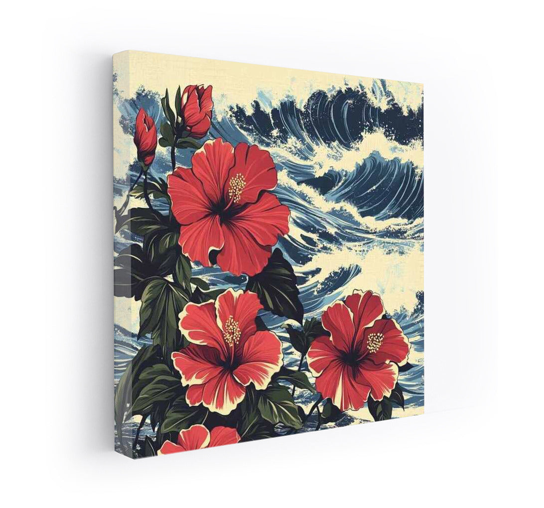 Tropical Hibiscus: Red Hawaiian Flower on Seascape Background