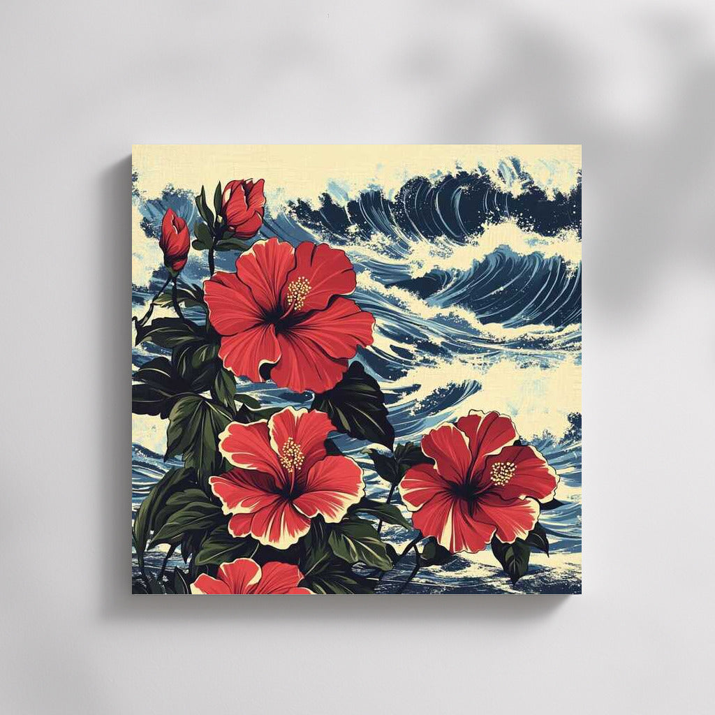 Tropical Hibiscus: Red Hawaiian Flower on Seascape Background
