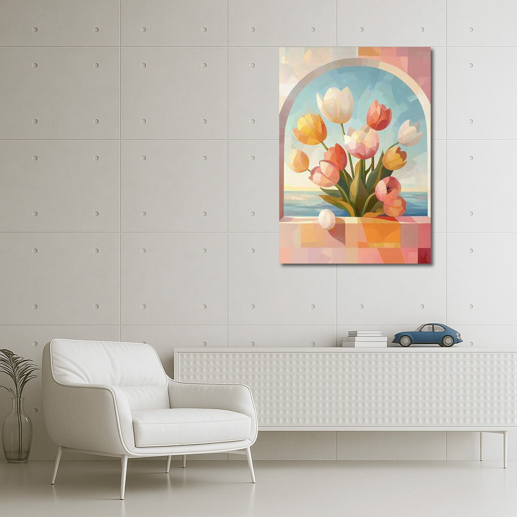 Bright Red Tulips in the Arch: Spring Symphony of Flowers