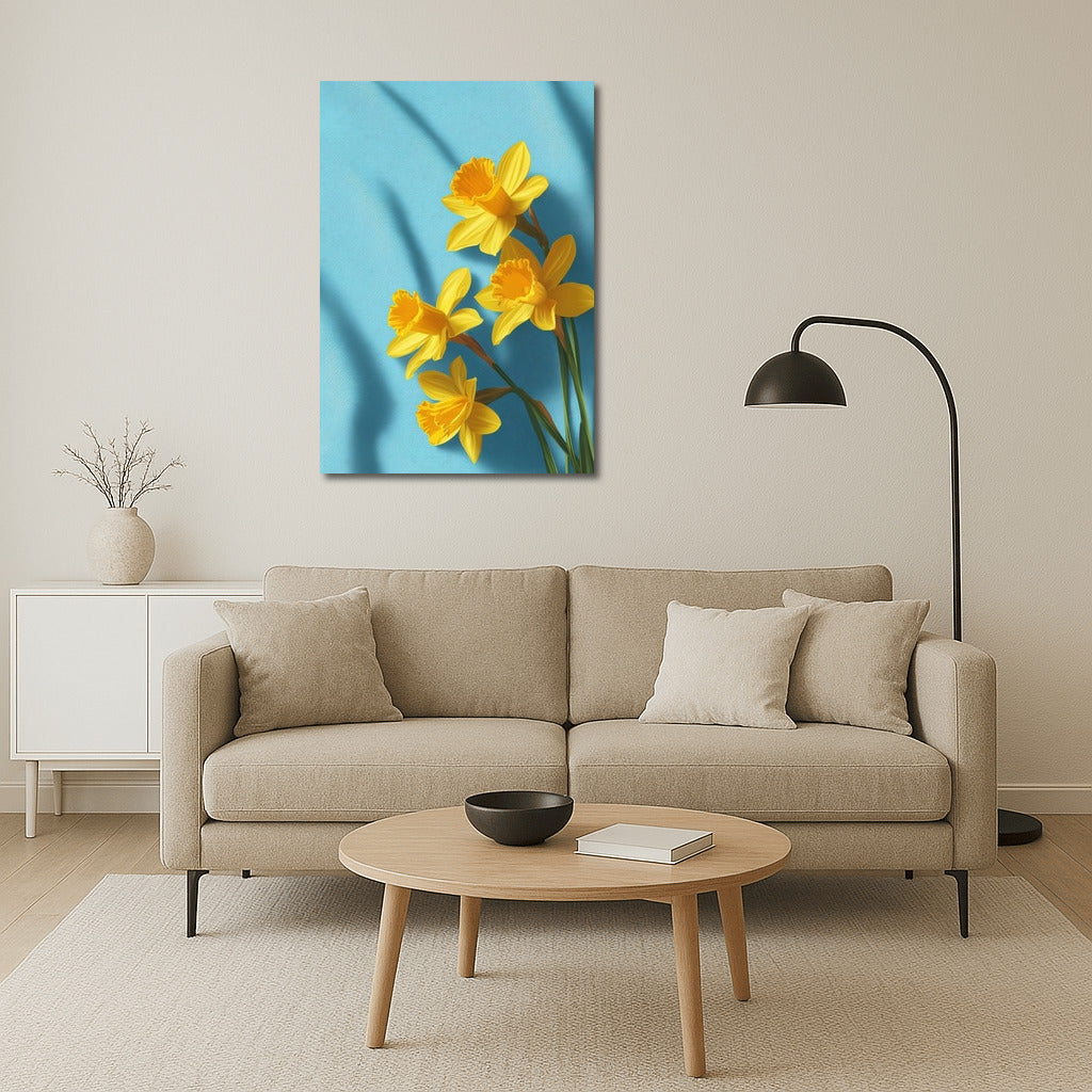 Sunny Daffodils on a Blue Background: Bright Flowers for the Interior