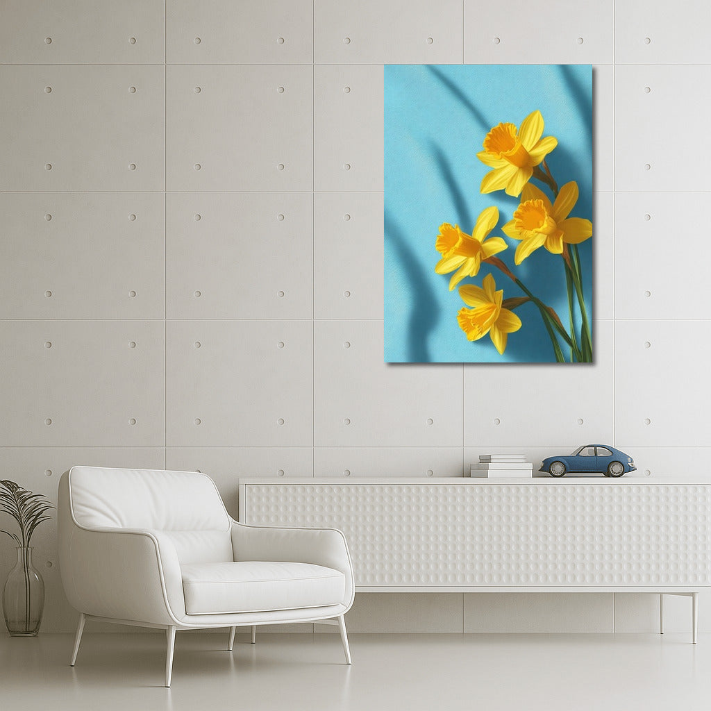 Sunny Daffodils on a Blue Background: Bright Flowers for the Interior