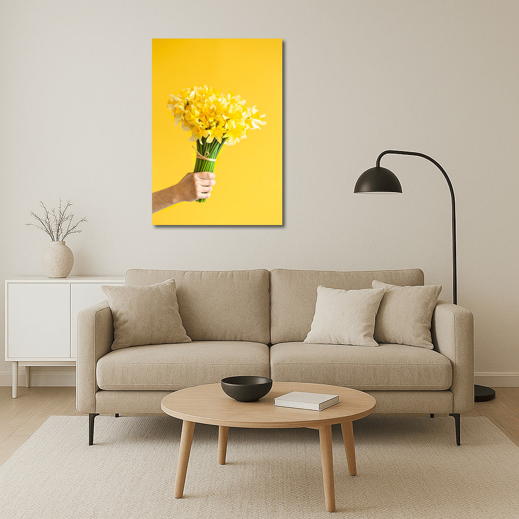 Sunny Daffodils: Male Hand with Bouquet on Bright Background