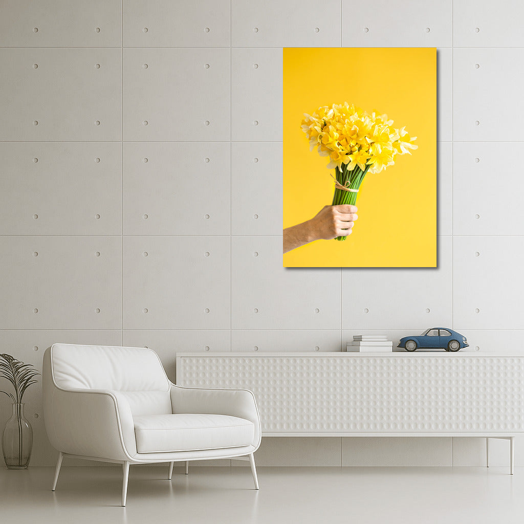 Sunny Daffodils: Male Hand with Bouquet on Bright Background