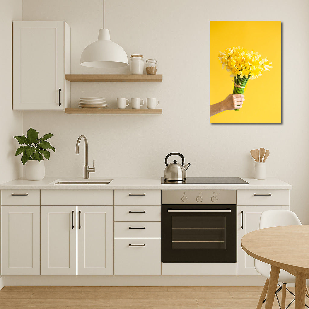 Sunny Daffodils: Male Hand with Bouquet on Bright Background