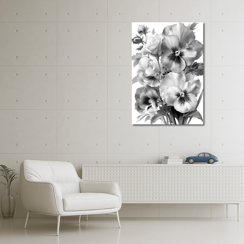 Delicate Pansies: Black and White Floral Masterpiece for Interior