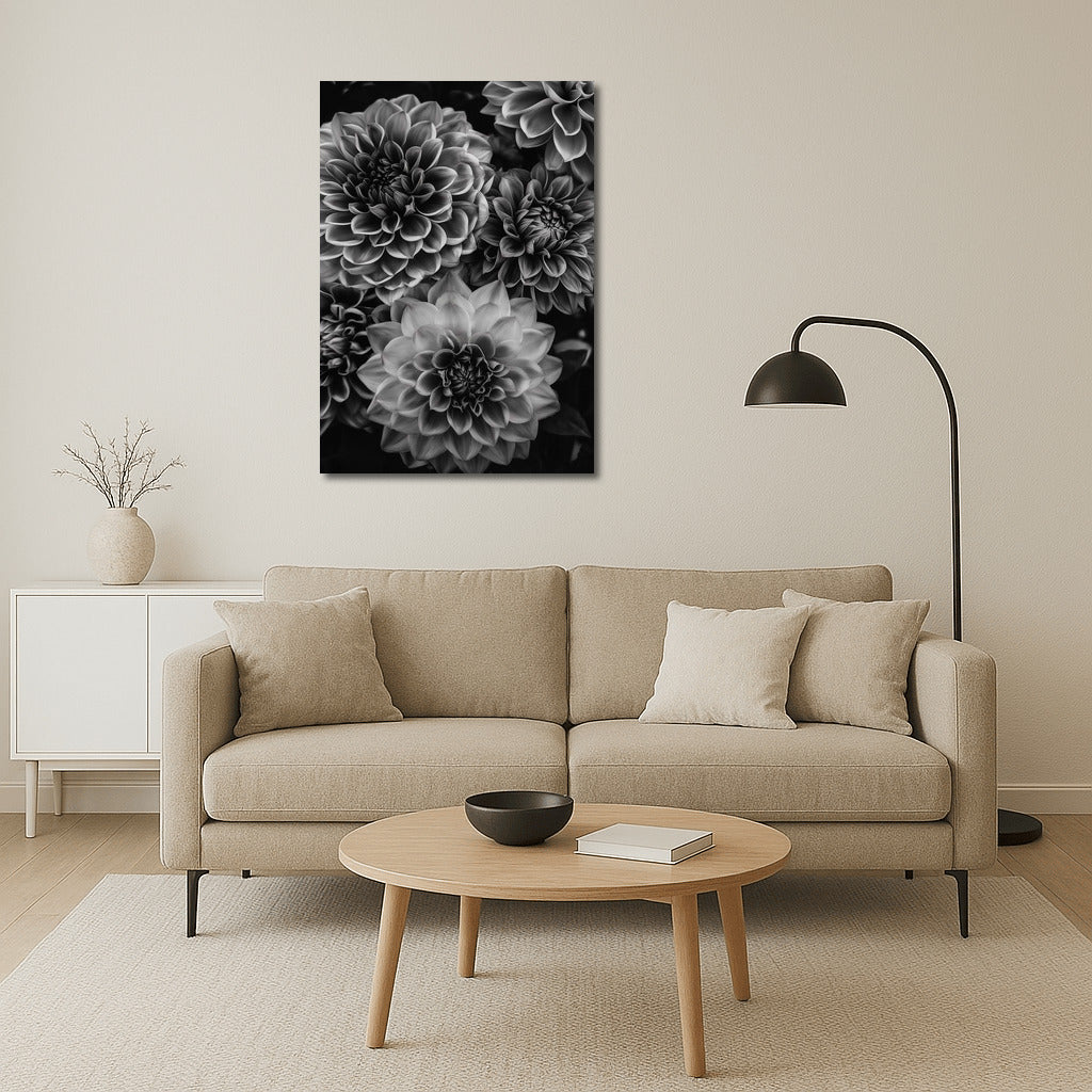 Elegant Dahlias: Black and White Floral Masterpiece for Interior
