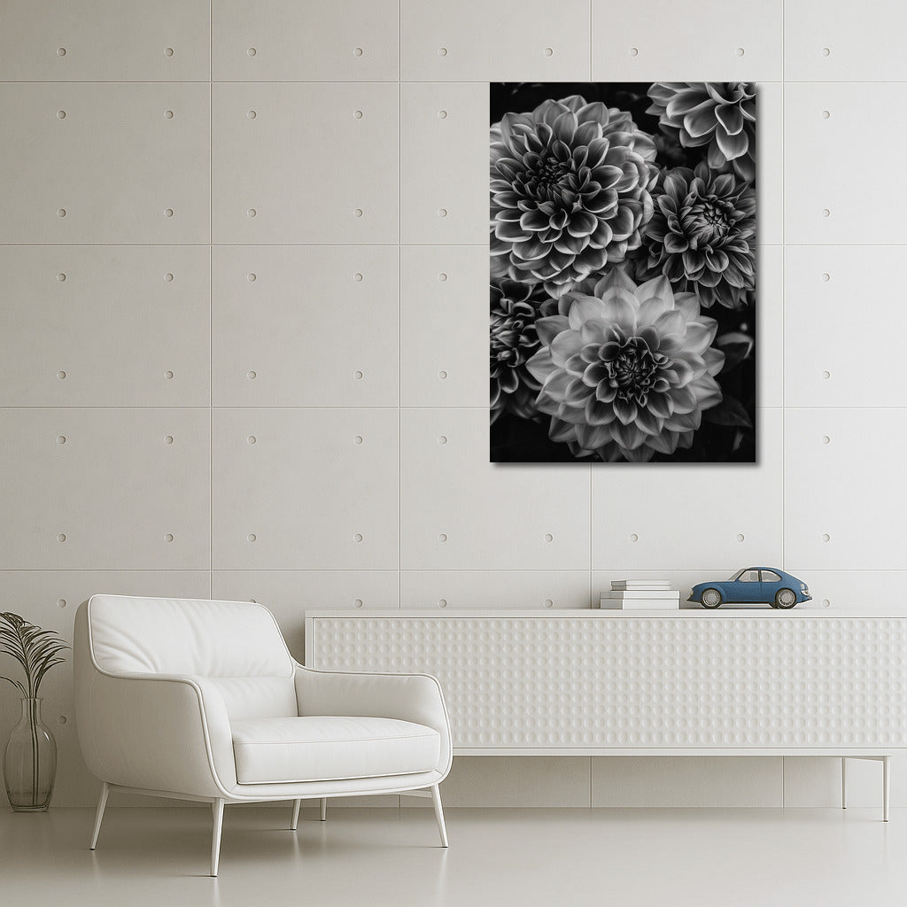 Elegant Dahlias: Black and White Floral Masterpiece for Interior