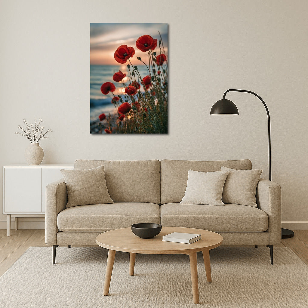 Sunset Poppy: Red Flower on Sea Background