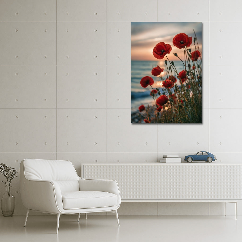 Sunset Poppy: Red Flower on Sea Background