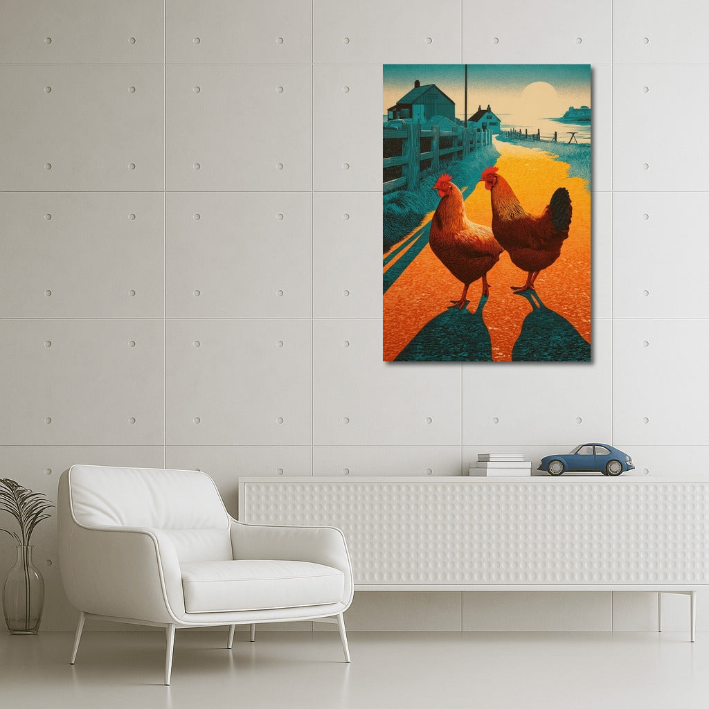 Roosters at Sunset: Country Idyll