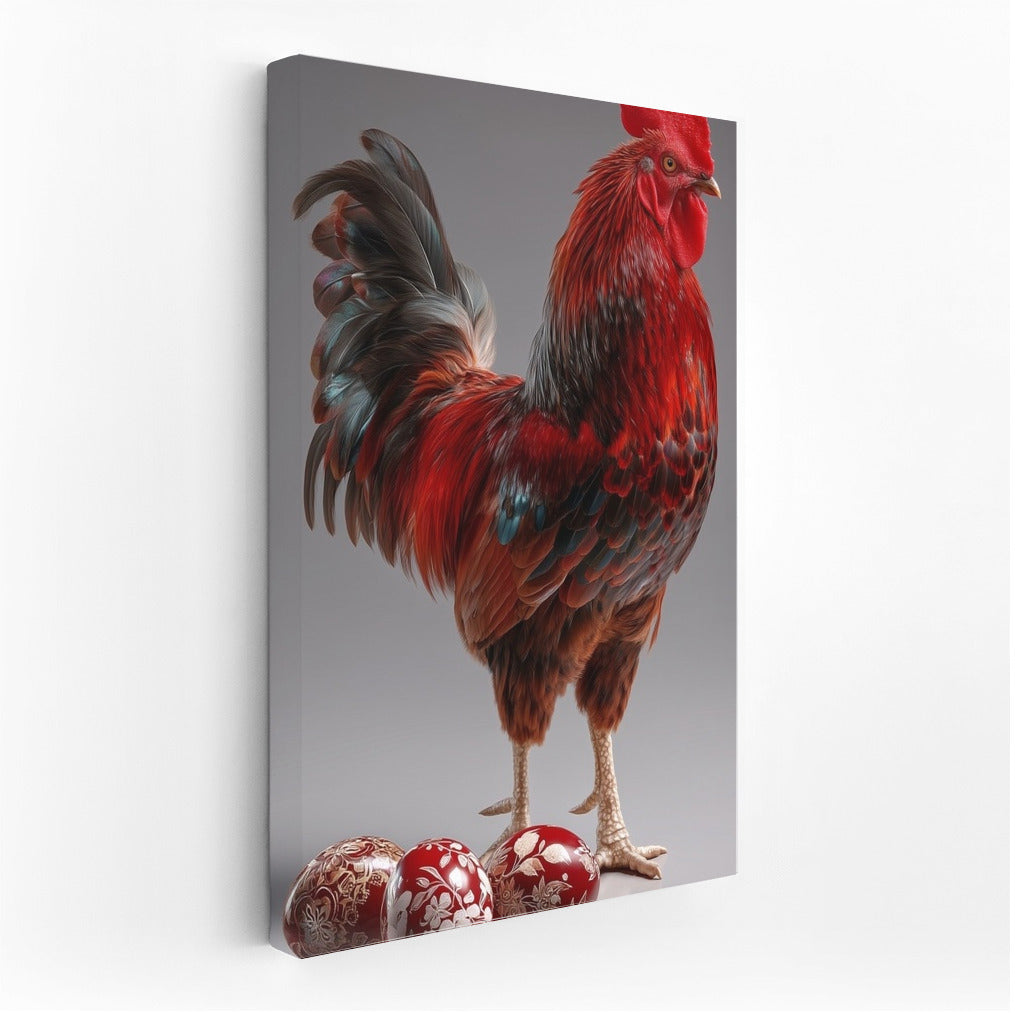 Colorful Rooster and Bright Easter Eggs