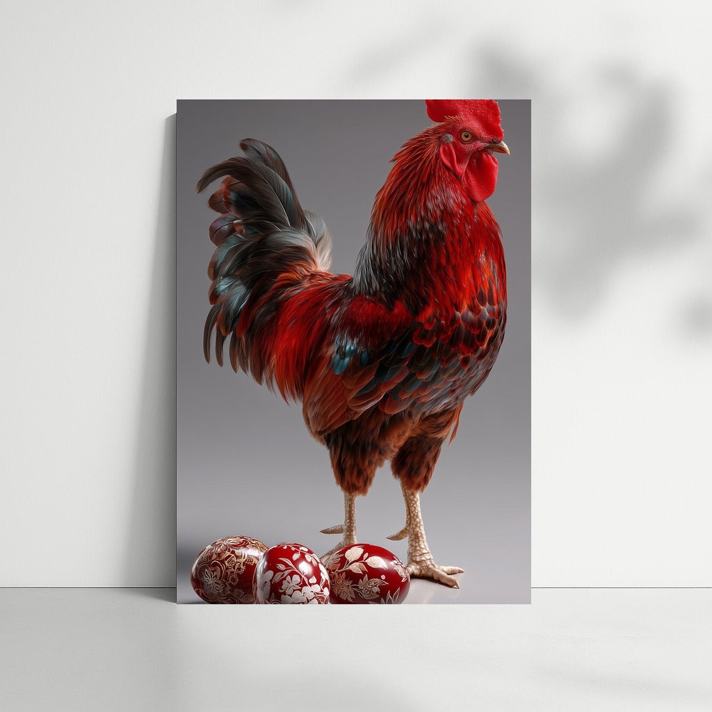 Colorful Rooster and Bright Easter Eggs