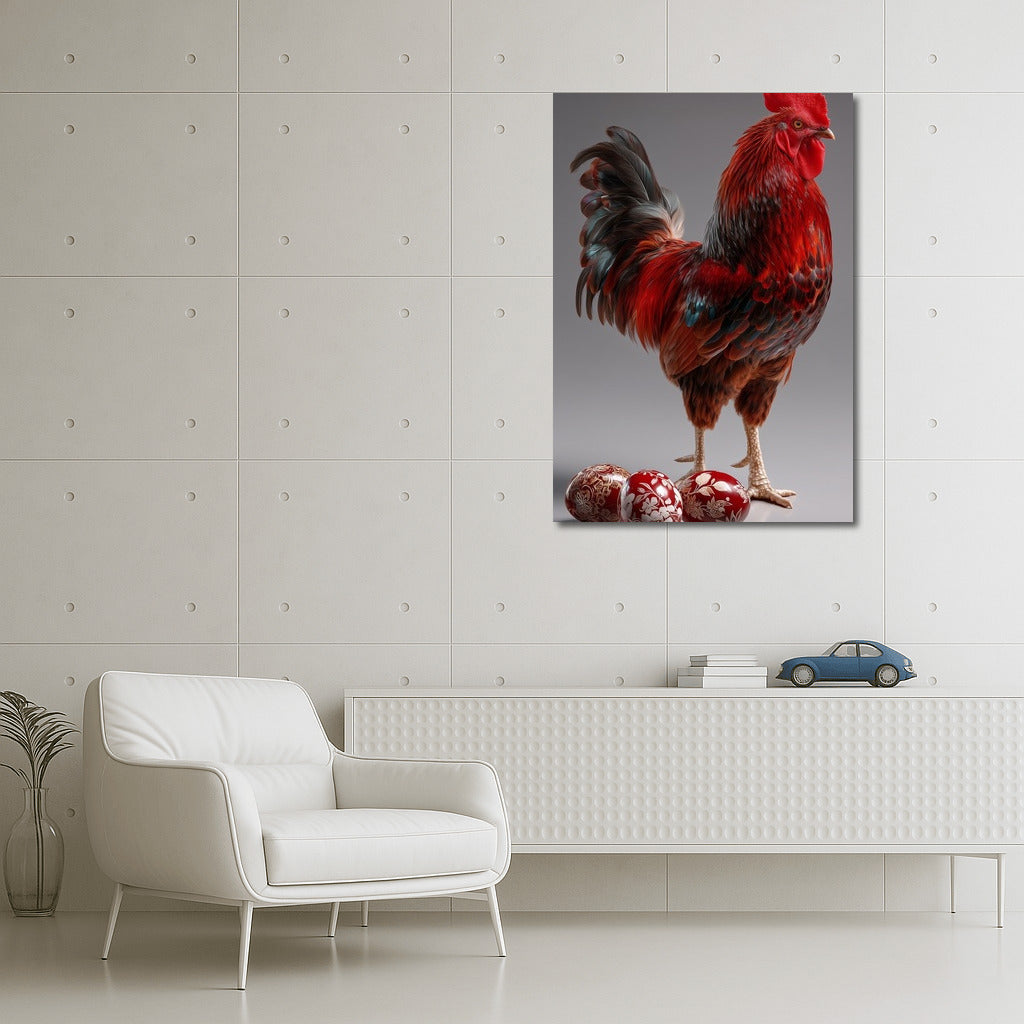 Colorful Rooster and Bright Easter Eggs